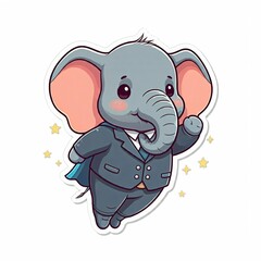 A chibi superhero elephant with a gray suit and a shiny silver trunk, flying through the air, surrounded by small stars, sticker style on a white background.