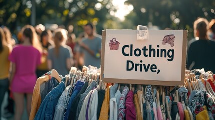 A large donation bin filled with clothes marked "Clothing Drive," with people gathering around to contribute their items.