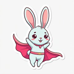 Obraz premium A chibi superhero bunny with big ears and a pink cape, hopping energetically, in a fun sticker style with a clean white background. 