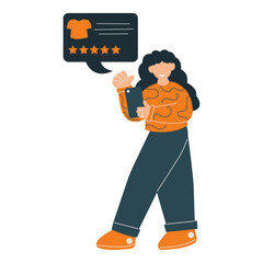 Happy woman excitedly reviews five star shirt on phone. Suitable for fashion, technology, and positive feedback concepts in marketing materials.