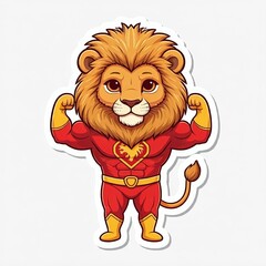 A chibi superhero lion with a golden mane, wearing a red and yellow suit with a lion emblem on the chest, flexing muscles, in sticker style with a white background.