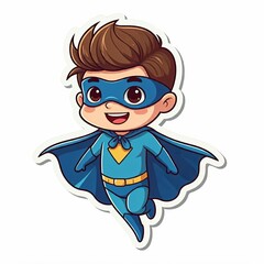 A cute chibi superhero with a bright blue cape and mask, flying through the air with a big smile, in a sticker style with a plain white background.
