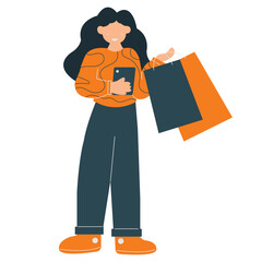 Happy woman with phone and shopping bags, suitable for technology and shopping concepts for advertisements, blogs, and social media