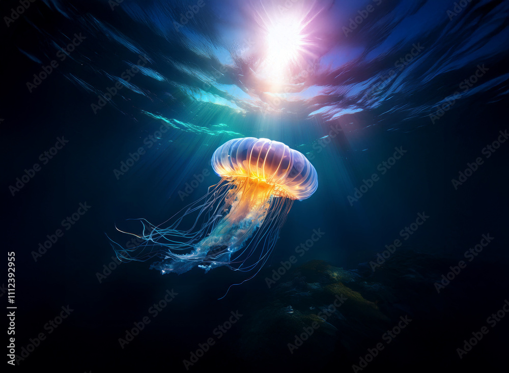 Poster a luminous jellyfish floats in a deep ocean, sunlight filtering from above. its bell glows orange an