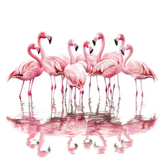 Fototapeta premium A group of pink flamingos standing together, their reflections visible in the water below them.