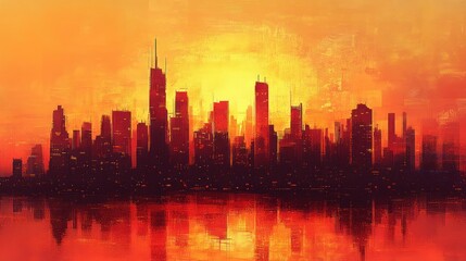 A city skyline at sunset with a fiery orange sky and reflection in the water.