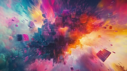A surreal abstract scene featuring pixel blocks breaking apart and merging into a cloud of digital noise in vibrant colors