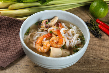 Vietnamese Pho Bo soup with seafood