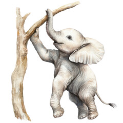 Obraz premium A playful baby elephant reaching for a branch with its trunk.