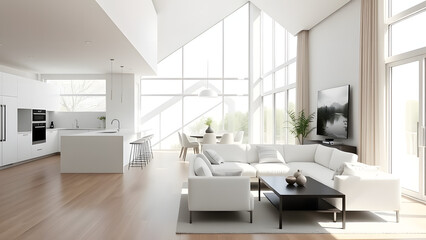 Contemporary open-plan kitchen and living room with bright, airy windows, a minimalis