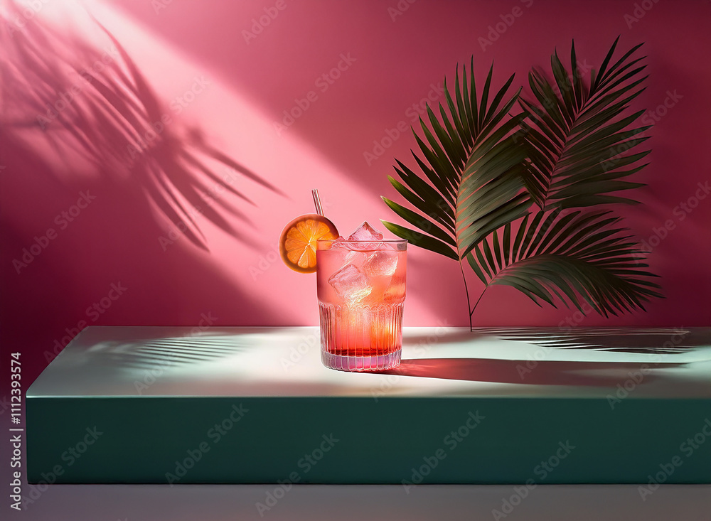 Poster sunlit pink backdrop highlights an iced cocktail in a rocks glass. palm fronds add a tropical touch,