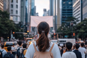 Fototapeta premium A young woman stands at the edge of a bustling city intersection, gazing into the distance, embodying contemplation and introspection amid the chaos of urban life.