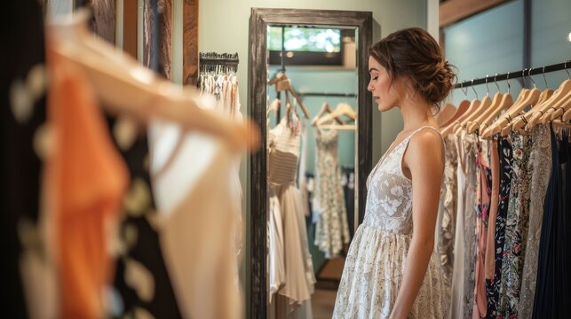 A woman shopping for clothes in a boutique, trying on dresses in front of a fitting room mirror.