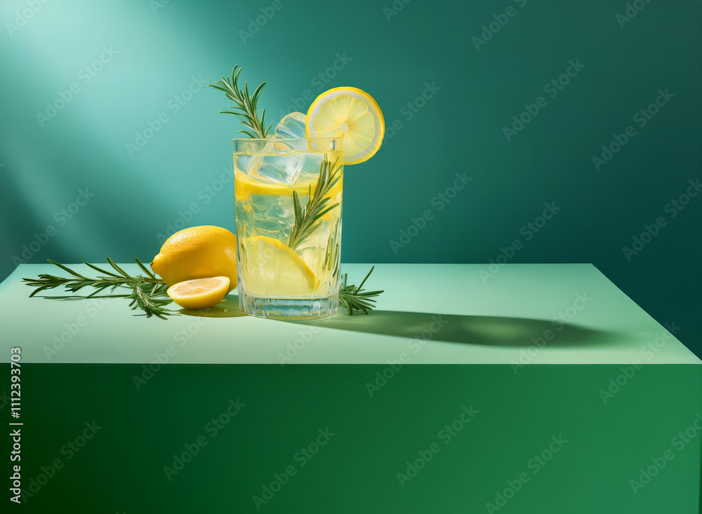 Poster Refreshing lemonade with rosemary garnish in a glass, sits on a teal surface bathed in sunlight.  Ice cubes and lemon slices add a touch of summer.