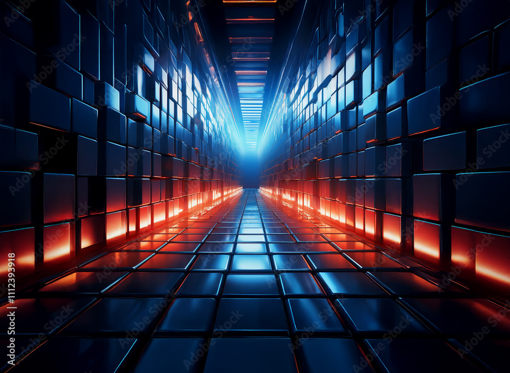 Poster a futuristic tunnel with glowing orange and blue reflective walls and floor, composed of square tile