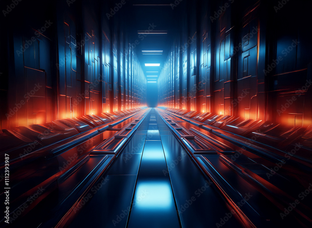 Poster a futuristic corridor glows with vibrant blue and orange neon lights. reflective surfaces create a s