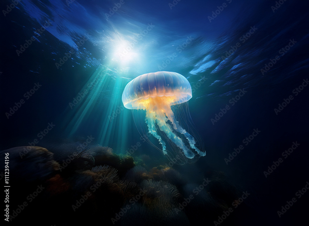 Aufkleber A luminous jellyfish drifts in the deep ocean, sunlight filtering through the water above, illuminating its translucent bell and trailing tentacles.  The seabed is dark and mysterious below.