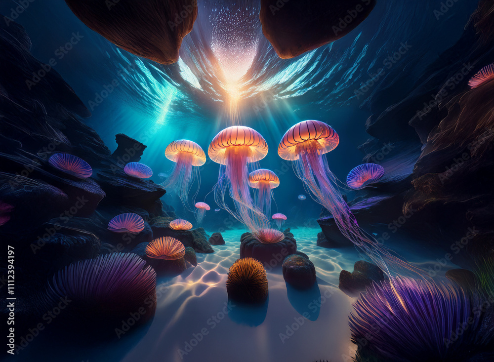 Poster a mesmerizing underwater scene. bio-luminescent jellyfish illuminate a vibrant coral reef, bathed in