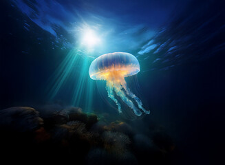 A luminous jellyfish drifts in the deep ocean, sunlight filtering through the water above, illuminating its translucent bell and trailing tentacles.  The seabed is dark and mysterious below.