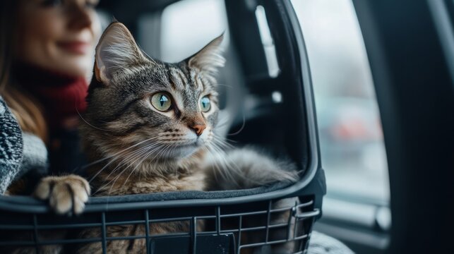A tabby cat with striking green eyes peeks out from a travel carrier. The cat enjoys an exciting car ride as sunlight streams through the windows, highlighting its fur