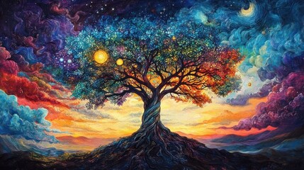 Vibrant cosmic tree painting with celestial bodies, swirling clouds, and sunset landscape.