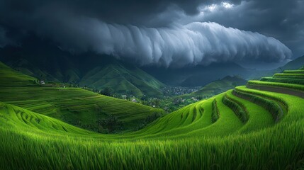 Fototapeta premium Dramatic storm clouds roll over lush green rice terraces in a mountainous landscape.