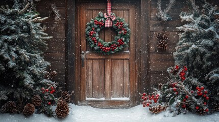 A rustic wooden door adorned with a festive wreath, surrounded by snow-covered trees and holiday decorations, creating a cozy winter scene.
