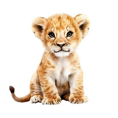 Obraz premium A cute lion cub sitting, displaying its fluffy coat and playful expression, showcasing the innocence and charm of young wildlife.
