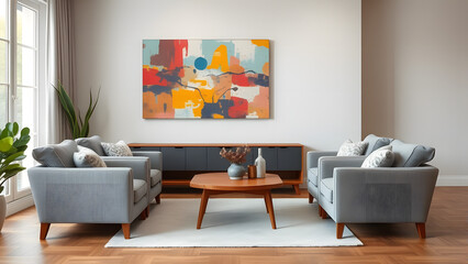 Cozy lounge area with soft grey armchairs, a warm wood coffee table, and a colorful abstract paint 