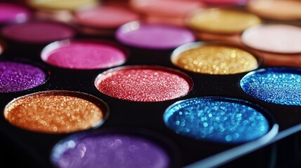 This collection features a vivid array of glitter eyeshadows in various colors, perfect for enhancing any makeup look. The colorful circular pans invite creativity and experimentation