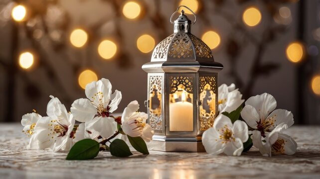 White flowers, prunus tree blossoms and glowing silver decorative Moroccan lantern on table background with golden bokeh lights. Iftar dinner. Ramadan Kareem greeting card, invitation.