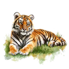 Obraz premium A majestic tiger lounges gracefully, showcasing its striking orange and black stripes against a lush green setting.