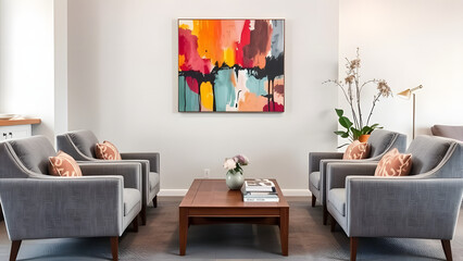 Cozy lounge area with soft grey armchairs, a warm wood coffee table, and a colorful abstract paint 