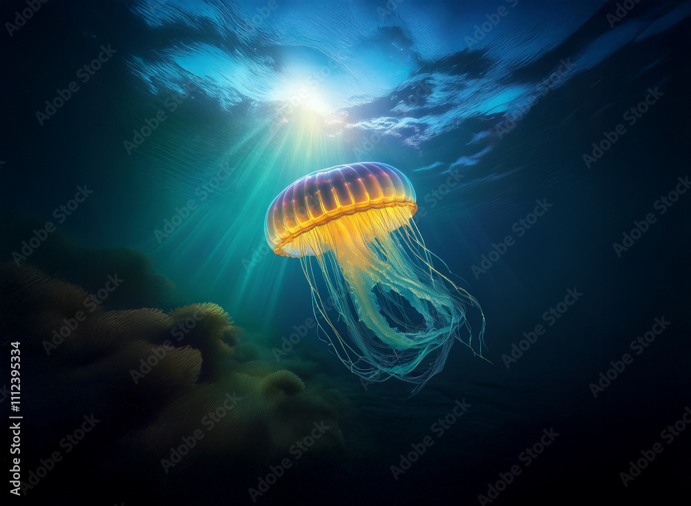 Aufkleber A bioluminescent jellyfish gracefully floats in the deep ocean, sunlight filtering from above, illuminating its translucent bell and trailing tentacles.  The seabed is dark and mysterious below.