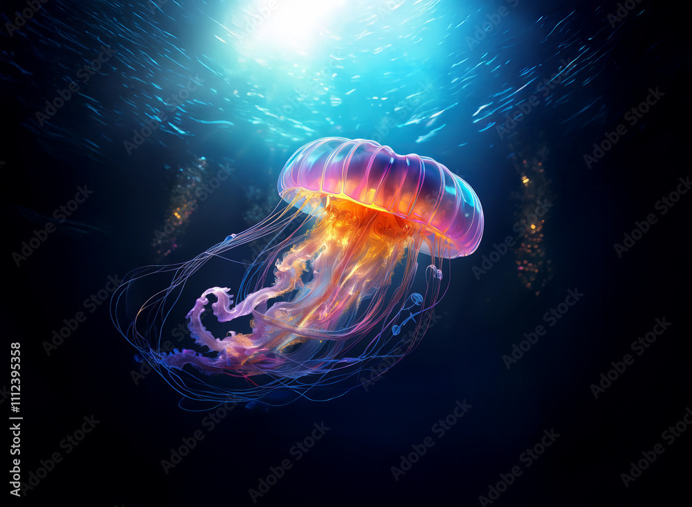 Aufkleber A bioluminescent jellyfish gracefully floats in the deep ocean, illuminated by an ethereal light.  Surrounding it are shimmering particles, creating a magical underwater scene.