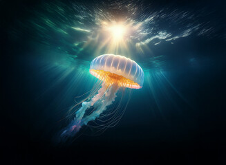 A majestic jellyfish floats gracefully in the deep ocean, backlit by a radiant sun creating a dramatic underwater scene.  The creature's translucent bell and flowing tentacles are beautifully illumina