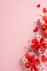 Romantic vertical Valentine's Day gifts wrapped in heart-patterned paper with red bows on a pink background