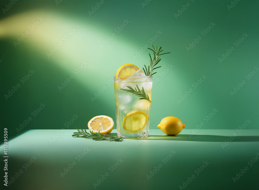 Aufkleber refreshing rosemary lemonade with lemon slices and ice in a tall glass, bathed in sunlight against a