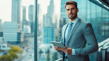 Fototapeta premium Businessman in a suit stands by a window in a modern office, holding a tablet. He gazes confidently at the city skyline, reflecting a productive work environment
