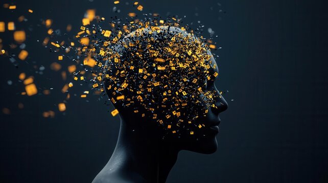 health warning notification concept. Abstract person silhouette with glowing caution overlays, mental health awareness concept