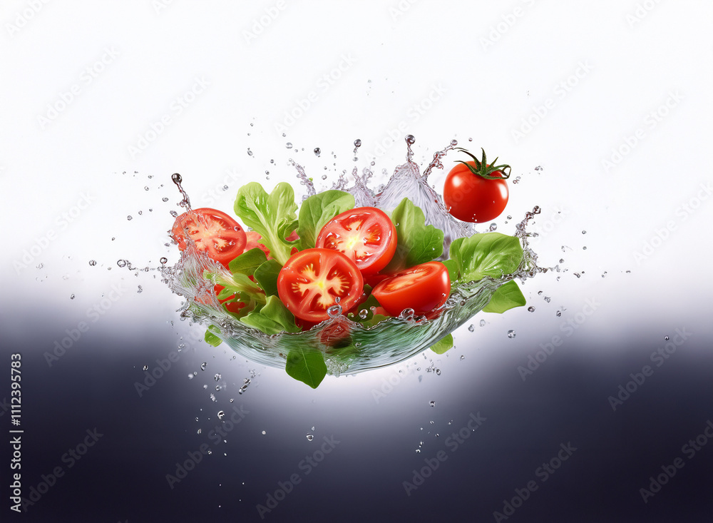 Poster a vibrant splash of water envelops halved cherry tomatoes and fresh lettuce, creating a dynamic, hea