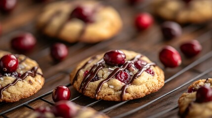 Fototapeta premium Close up of cranberry drop cookies with a drizzle of dark chocolate, styled on a textured wooden table