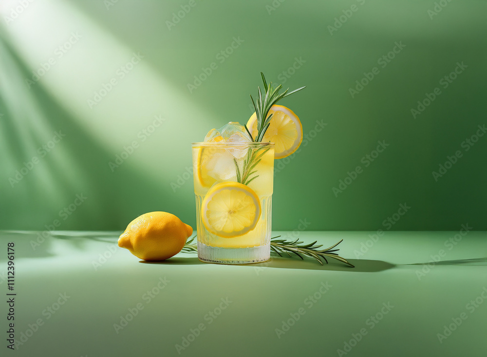 Aufkleber refreshing lemonade with lemon slices and rosemary garnish, displayed in a glass on a green backgrou