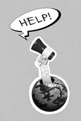 Creative abstract collage template graphics image of planet holding horn asking help drawing...