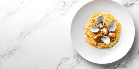 Pasta with clams and garlic, plated on clean white dish, marble background, top view.
