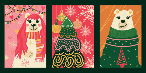 Doodle set three cards with bears girl and boy in sweaters and with scarf, Christmas tree, snowflakes, garland. Colorful vector hand drawn illustration in green, pink, white, red, yellow colours	