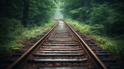Obraz premium A winding railway track disappears into the mist of a lush green forest.