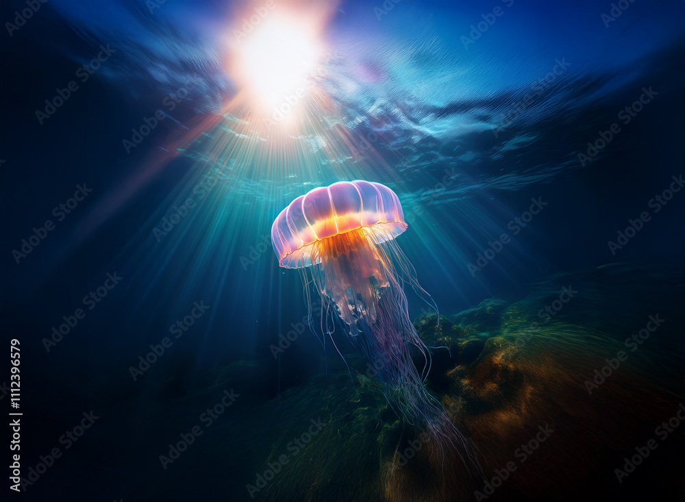 Poster a majestic jellyfish floats in the ocean depths, bathed in the ethereal glow of sunlight piercing th