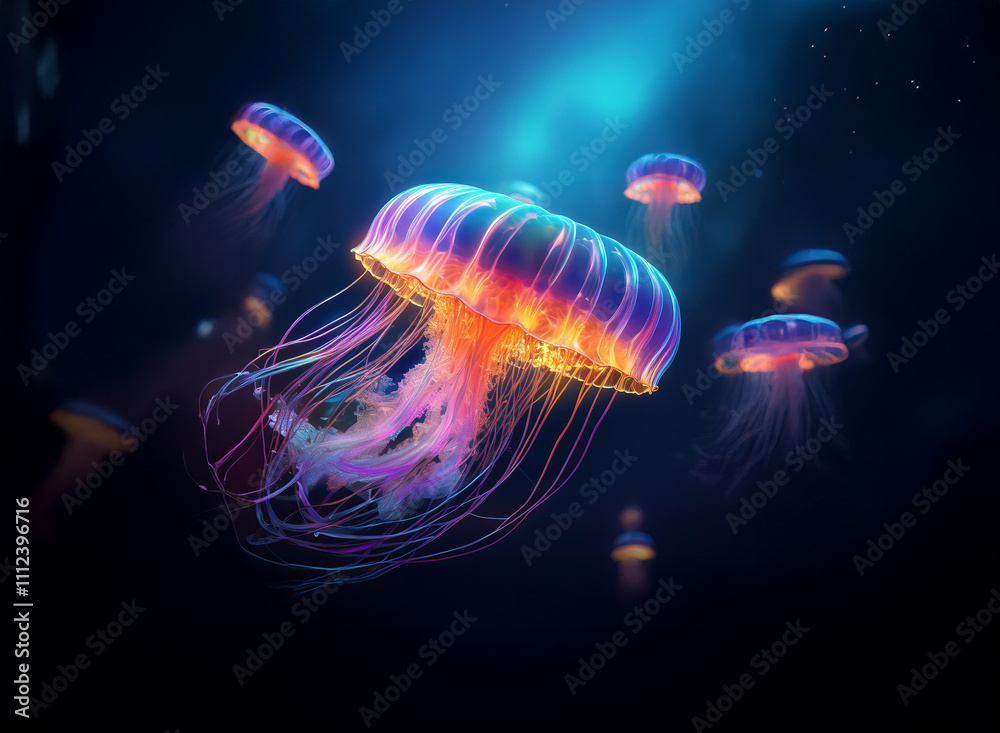 Poster mesmerizing bioluminescent jellyfish gracefully drift in a dark ocean, their vibrant colors illumina