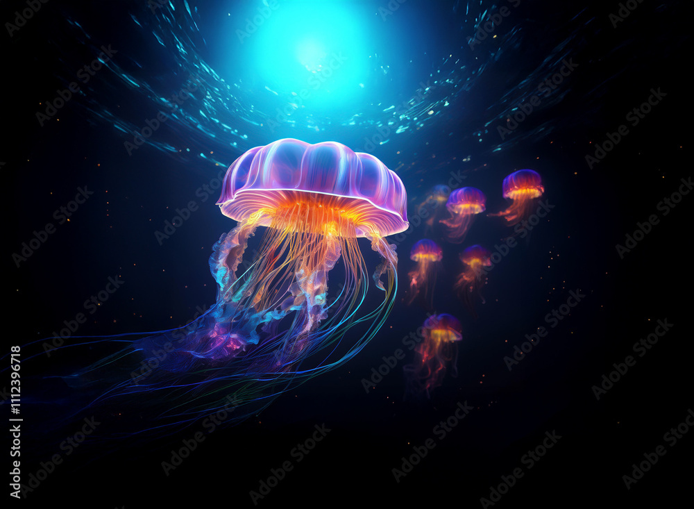 Poster mesmerizing bioluminescent jellyfish gracefully drift in a deep ocean scene, illuminated by an ether